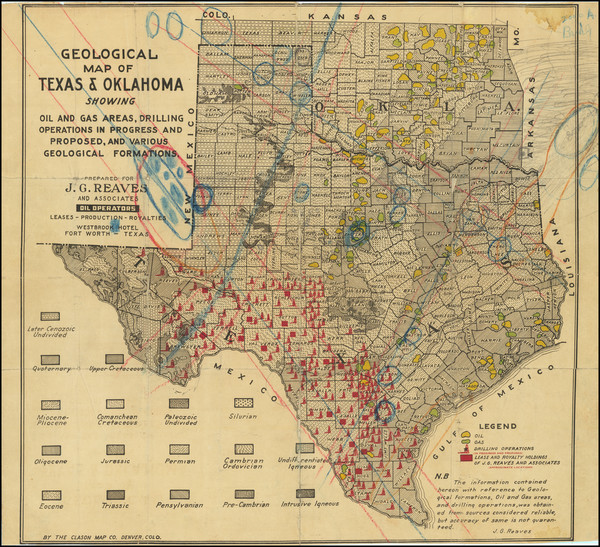 100-Texas, Oklahoma & Indian Territory and Geological Map By The Clason Map Company