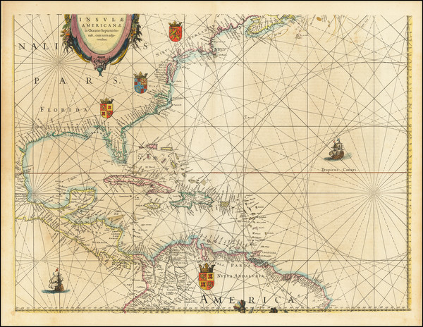 81-Atlantic Ocean, Florida, Southeast and Caribbean Map By Willem Janszoon Blaeu