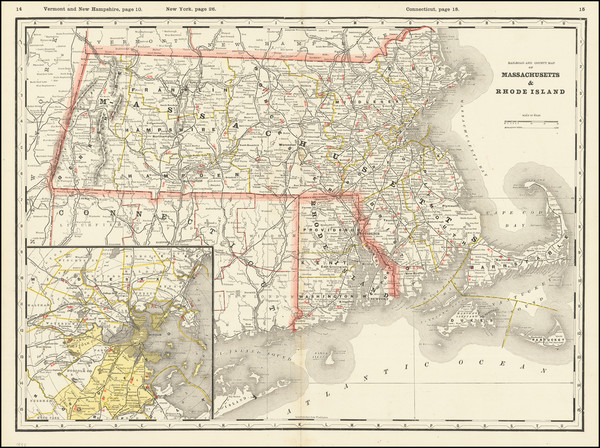 76-Massachusetts, Rhode Island and Boston Map By George F. Cram