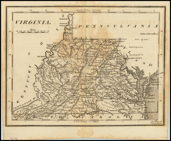 45-Virginia Map By Mathew Carey