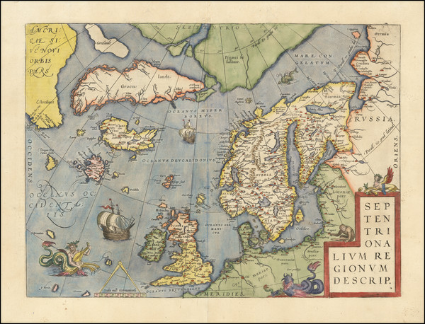 58-Atlantic Ocean, British Isles, Scandinavia and Balearic Islands Map By Abraham Ortelius