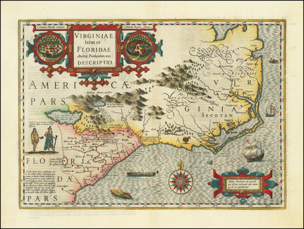 60-Southeast, Virginia, Georgia, North Carolina and South Carolina Map By Jodocus Hondius