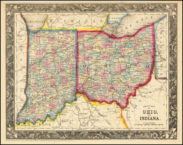 65-Indiana and Ohio Map By Samuel Augustus Mitchell Jr.