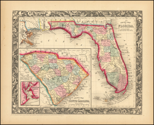 69-Florida, North Carolina and South Carolina Map By Samuel Augustus Mitchell Jr.