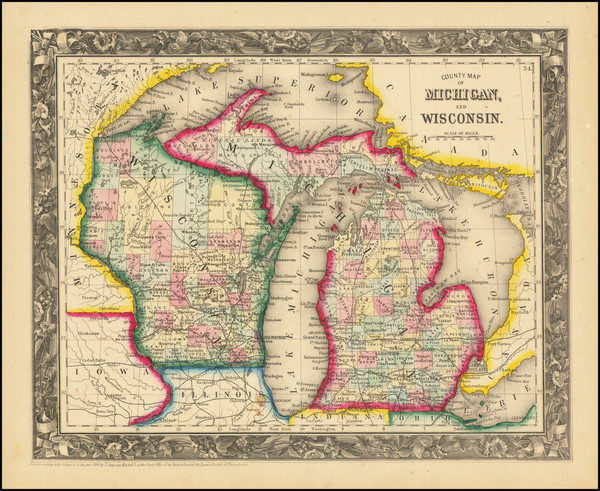 55-Michigan and Wisconsin Map By Samuel Augustus Mitchell