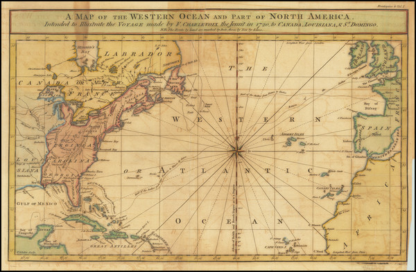 71-Atlantic Ocean and United States Map By Pierre Francois Xavier de Charlevoix