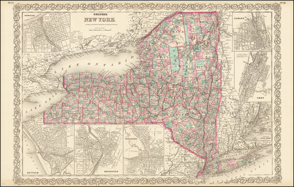 73-New York State Map By Joseph Hutchins Colton