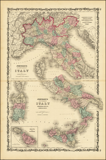 100-Italy, Northern Italy, Southern Italy and Malta Map By Alvin Jewett Johnson  &  Ross C. Bro