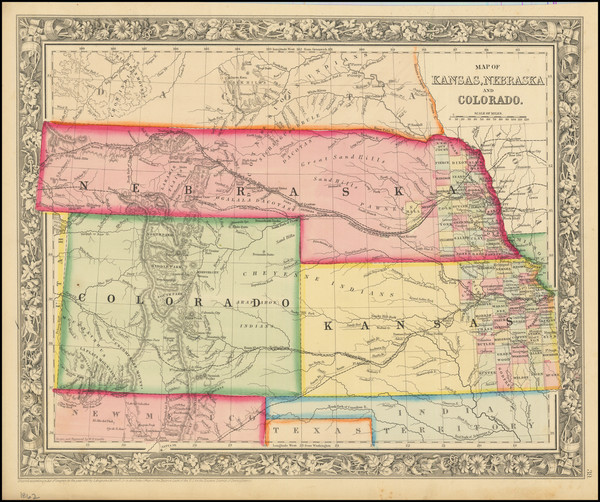 95-Kansas, Nebraska, Colorado, Rocky Mountains and Colorado Map By Samuel Augustus Mitchell Jr.