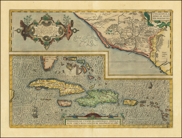 7-Mexico, Caribbean, Cuba, Hispaniola, Puerto Rico and Bahamas Map By Abraham Ortelius