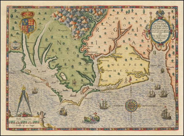 85-Mid-Atlantic, Southeast, Virginia and North Carolina Map By Theodor De Bry / John White