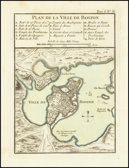 68-Massachusetts and Boston Map By Jacques Nicolas Bellin