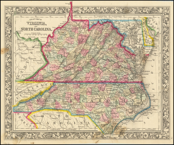 44-Virginia and North Carolina Map By Samuel Augustus Mitchell Jr.