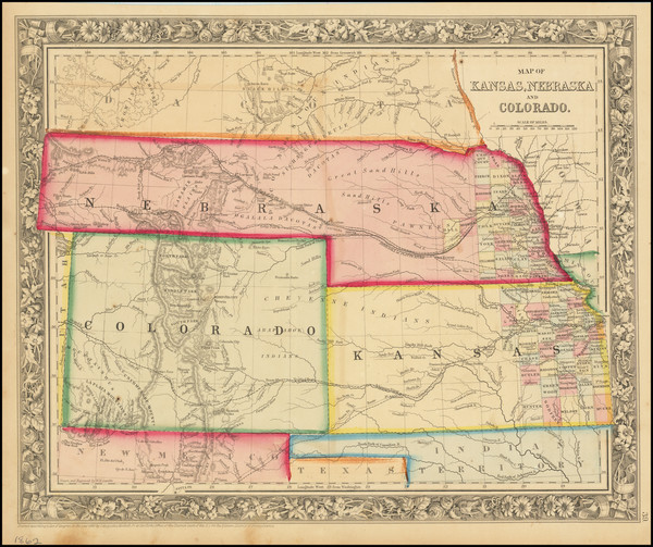 74-Kansas, Nebraska, Colorado, Rocky Mountains and Colorado Map By Samuel Augustus Mitchell Jr.