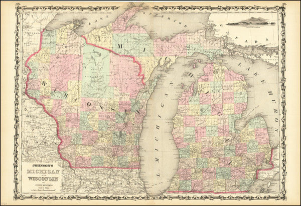 75-Michigan and Wisconsin Map By Alvin Jewett Johnson  &  Ross C. Browning