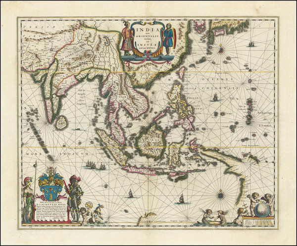 82-China, India, Southeast Asia, Philippines and Indonesia Map By Willem Janszoon Blaeu
