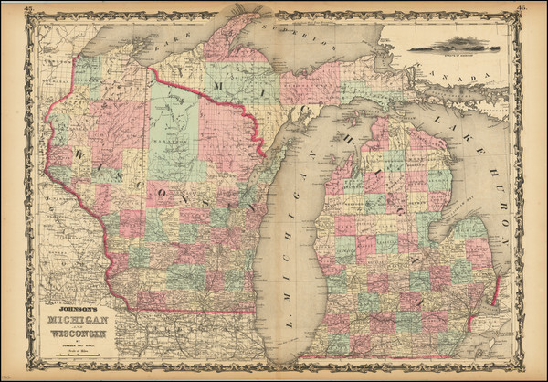 82-Michigan and Wisconsin Map By Alvin Jewett Johnson  &  Benjamin P Ward