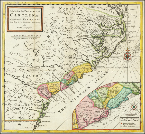 47-Southeast, North Carolina and South Carolina Map By Herman Moll