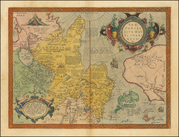 95-Southwest, China, Japan, Russia in Asia and California Map By Abraham Ortelius