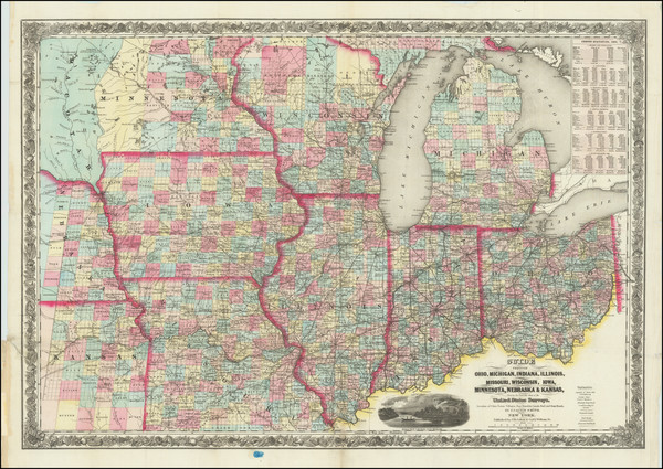 93-Illinois, Indiana, Ohio, Michigan, Minnesota, Wisconsin and Iowa Map By Joseph Hutchins Colton 