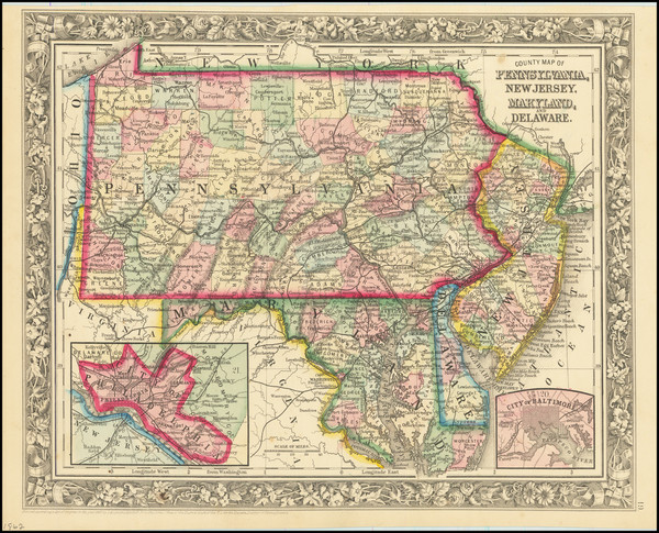 61-New Jersey and Pennsylvania Map By Samuel Augustus Mitchell Jr.