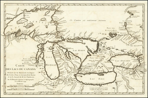 91-Midwest, Illinois, Michigan, Canada and Western Canada Map By Jacques Nicolas Bellin