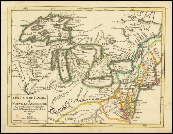 96-United States, New England, Midwest and Canada Map By Gilles Robert de Vaugondy