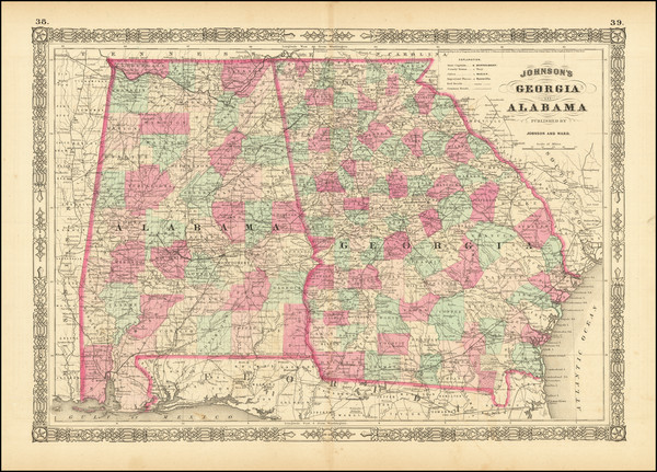 1-South, Alabama, Southeast and Georgia Map By Benjamin P Ward  &  Alvin Jewett Johnson
