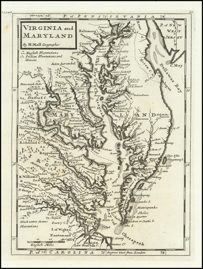 39-Mid-Atlantic, Maryland, Delaware, Southeast and Virginia Map By Herman Moll