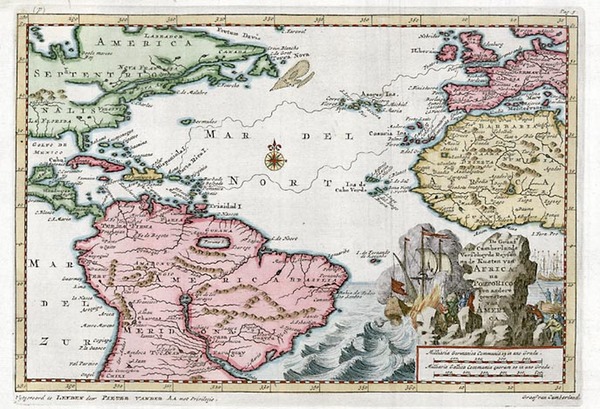 2-World, Atlantic Ocean, North America, Caribbean and South America Map By Pieter van der Aa