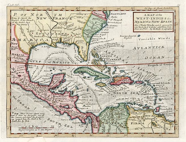 44-South, Southeast and Caribbean Map By Herman Moll