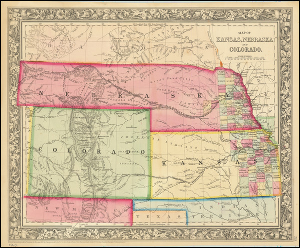 19-Kansas, Nebraska, Colorado, Rocky Mountains and Colorado Map By Samuel Augustus Mitchell Jr.