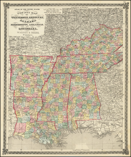 1-Louisiana, Alabama, Mississippi, Arkansas, Kentucky and Tennessee Map By Warner & Beers