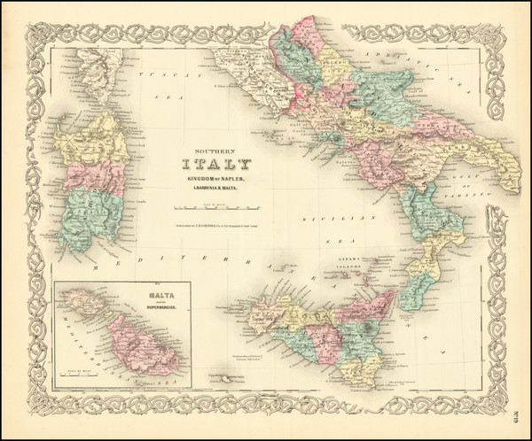 54-Southern Italy, Malta and Sicily Map By Joseph Hutchins Colton