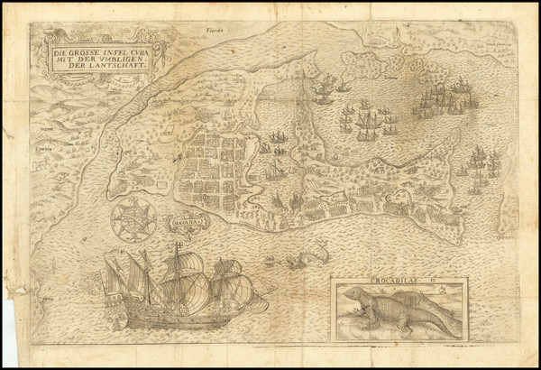 54-Cuba Map By Baptista Boazio / Jacobus Francus / Francis Drake