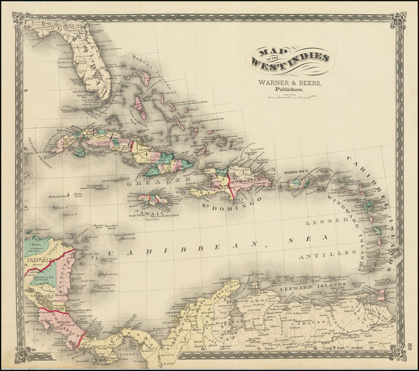 56-Caribbean Map By Charles Warner  &  F. W. Beers