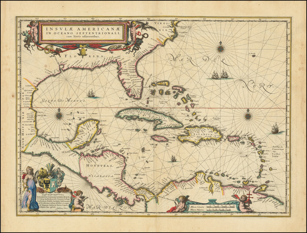 8-Florida, South, Southeast, Caribbean and Central America Map By Willem Janszoon Blaeu