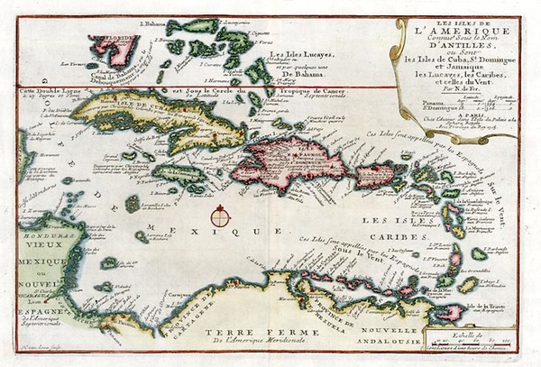 33-Southeast, Caribbean, Central America and South America Map By Nicolas de Fer