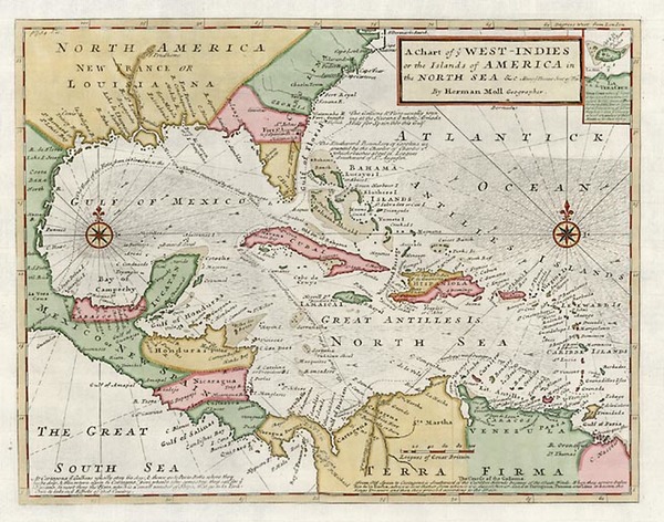 42-South, Southeast, Caribbean and Central America Map By Herman Moll