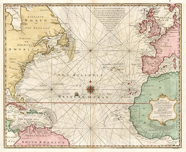 82-World, Atlantic Ocean, United States and North America Map By Emanuel Bowen