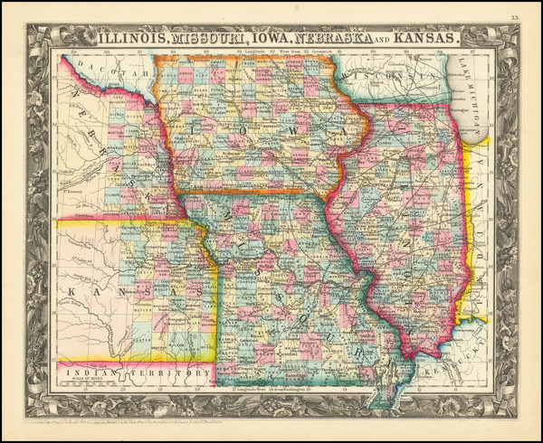 90-Illinois, Iowa, Kansas and Missouri Map By Samuel Augustus Mitchell Jr.