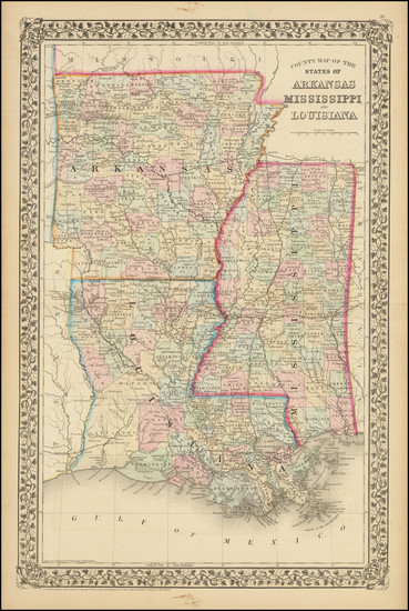 29-Louisiana, Mississippi and Arkansas Map By Samuel Augustus Mitchell Jr.