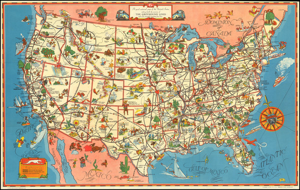 93-United States and Pictorial Maps Map By Greyhound Company