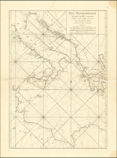 95-Italy, Mediterranean and Greece Map By Jacques Nicolas Bellin / Depot de la Marine