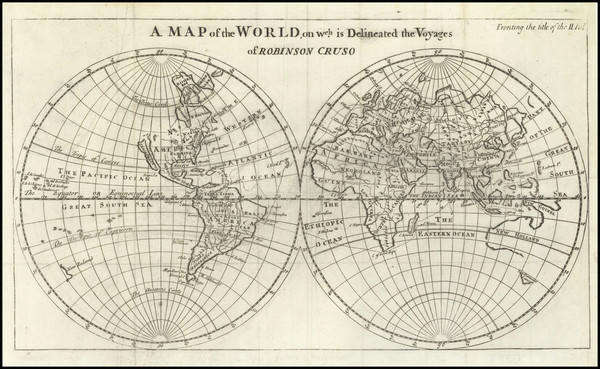 84-World and California as an Island Map By Daniel Defoe