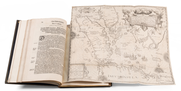 51-Asia, India, Africa and Rare Books Map By Jan Huygen van  Linschoten / Theodor De Bry