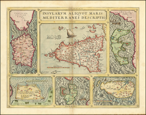 41-Malta, Sardinia, Sicily and Greece Map By Abraham Ortelius