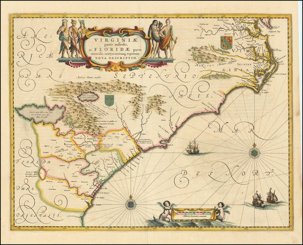 23-Southeast, Virginia, Georgia, North Carolina and South Carolina Map By Willem Janszoon Blaeu
