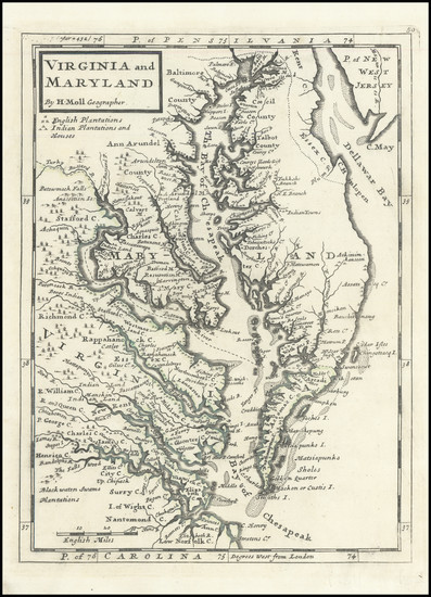 60-Mid-Atlantic, Maryland, Delaware, Southeast and Virginia Map By Herman Moll