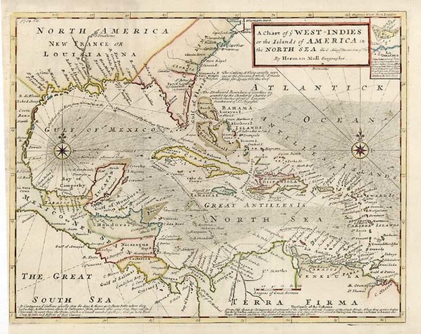 50-South, Southeast, Caribbean and Central America Map By Herman Moll